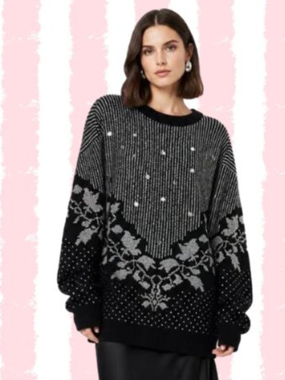 Vintage Maurada L Black Silver Metallic Floral Rhinestone Statement Sweater